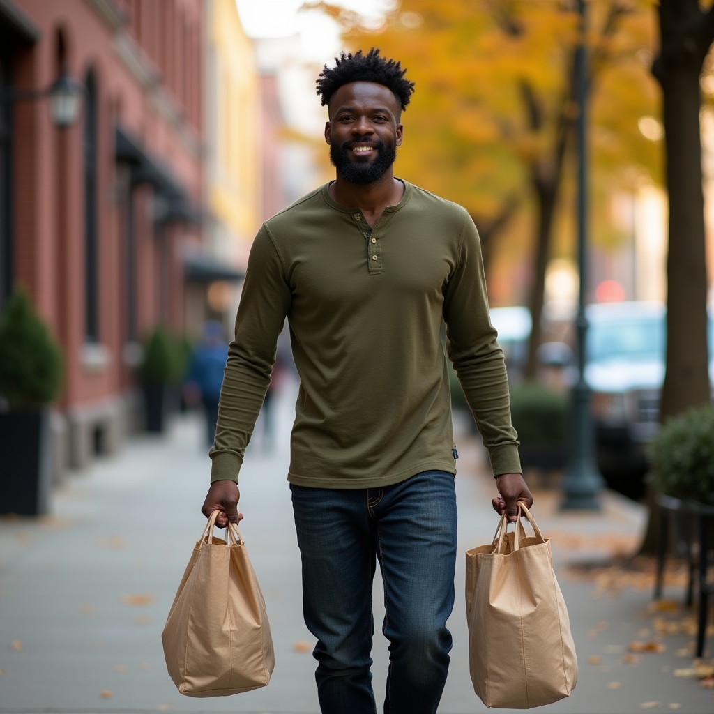 Person carrying heavy grocery bags with ease, demonstrating functional grip and core strength